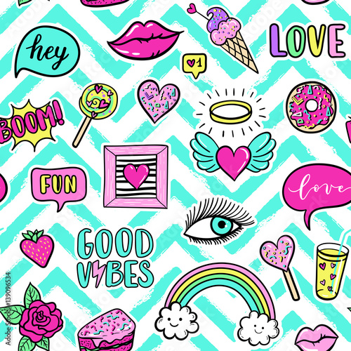Vector seamless pattern with fashion fun patches: eyes, lip, star, strawberry, Good vibes speech bubble on stripe background. Pop art stickers, patches, pins, badges 80s-90s style
