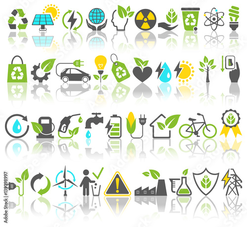 Eco Friendly Bio Green Energy Sources Icons Signs Set with Refle
