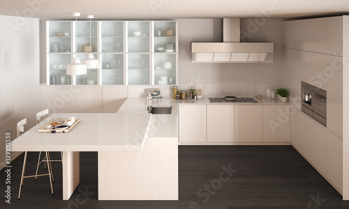 Classic minimal white kitchen with parquet floor, modern interior design © ArchiVIZ