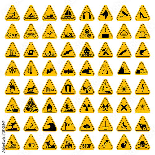 Warning Hazard Triangle Signs Set. Vector illustration. Yellow symbols isolated on white