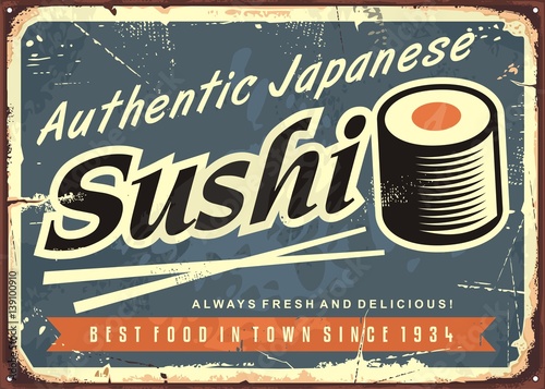 Plakat Szablon retro szyld sushi dla tradycyjnej japońskiej restauracji z owocami morza