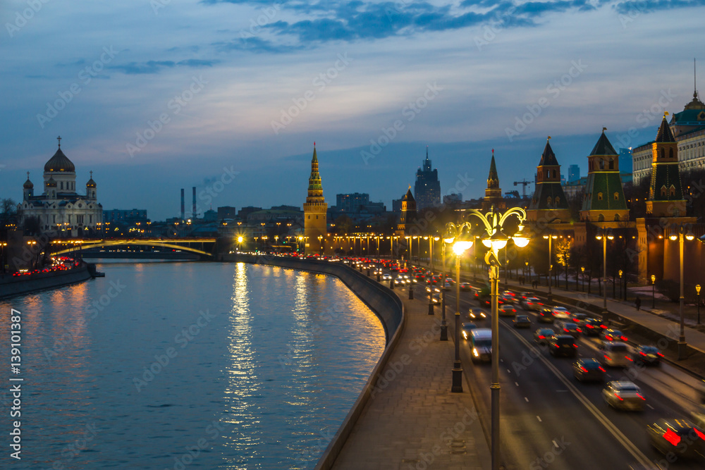 Evening Moscow. The view from the Moskvoretsky bridge the Kremlin and the Kremlin embankment.