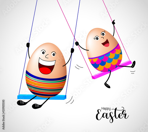 Easter egg characters on swing. Happy Easter day concept, illustration.