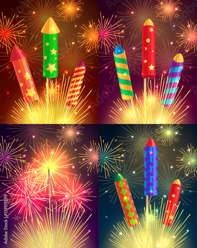 Colourful Exploding Rockets on Bright Background