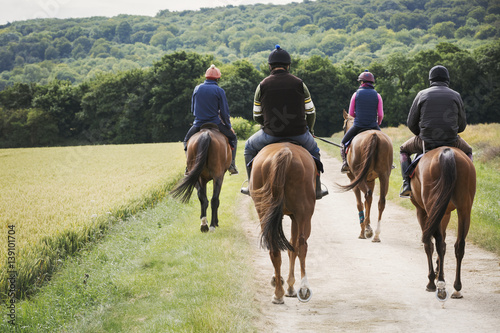 Group of riders on thoroughbred horses riding along rural path photo