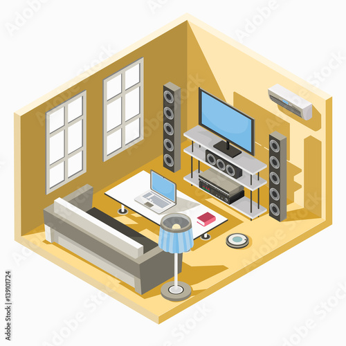 Vector isometric design of a living room with a sofa, table and TV system