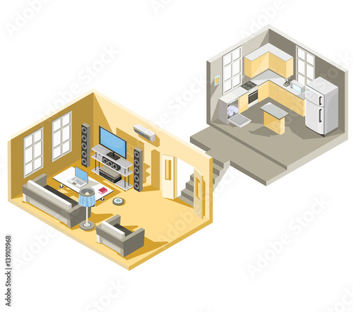 Vector isometric design of a living room and kitchen
