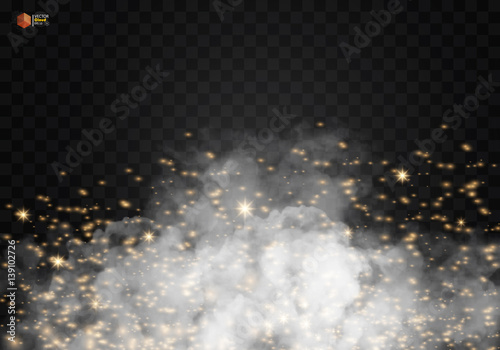 White vector cloudiness, mist or smog background. Fog or smoke with glow light isolated transparent background. Magic template. Vector illustration