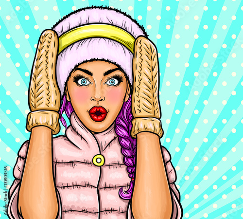 Sexy pop art girl holding hands to his mouth and whispers about discounts and sales