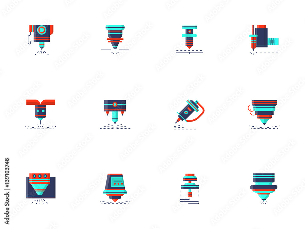 Lasers flat color vector icons collection