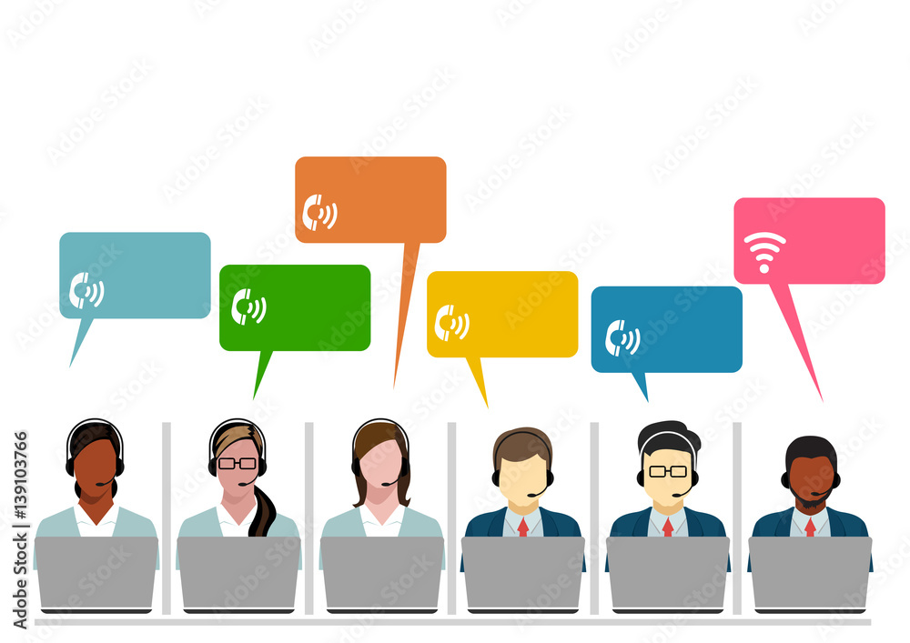 Call Center Operators Team, Man Woman Customer Support People Group Chat Bubble Internet Communication Thin Line Illustration Call Center Operators Team, Man Woman Customer Support People Group Chat Bubble Internet Communication Thin Line Illustration
