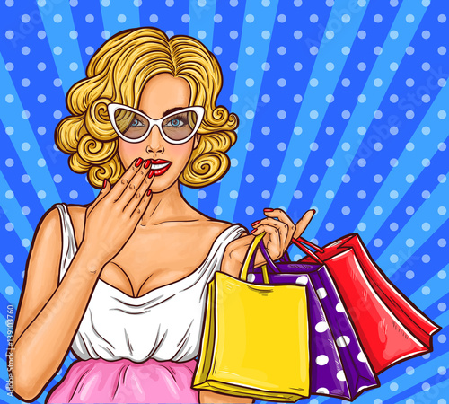 Vector pop art illustration of a young sexy happy girl holding shopping bags.