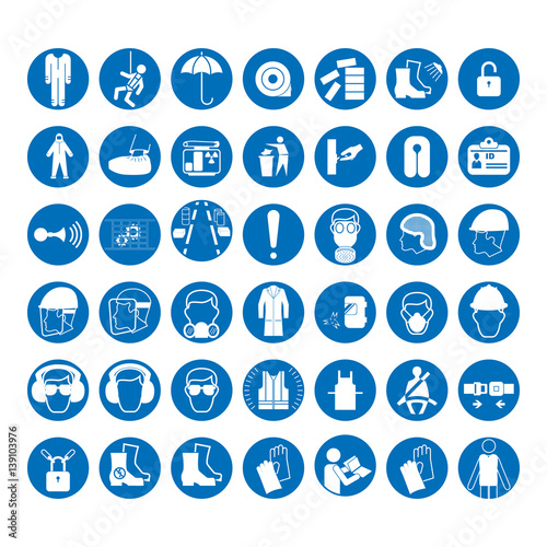 Set of safety and health protection signs. Mandatory construction and industry signs. Collection of safety equipment. Protection on work. Vector illustration