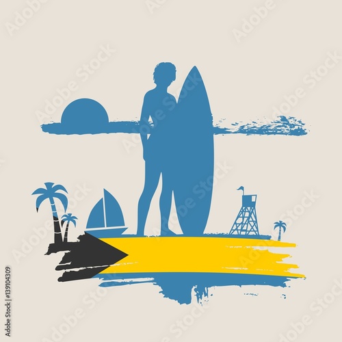 Woman posing with surfboard on grunge brush stroke. Monochrome silhouette. Vector illustration. Vintage Surfing Graphic and Emblem. Palm and lifeguard tower on backdrop. Flag of the Bahamas