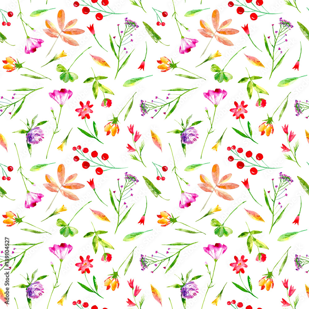 Floral seamless pattern of a wild flowers and herbs on a white background.Buttercup, cornflower, clover, bluebell, lobelia, snowdrop flowers. Watercolor hand drawn illustration. Floral seamless pattern of a wild flowers and herbs on a white background.Buttercup, cornflower, clover, bluebell, lobelia, snowdrop flowers. Watercolor hand drawn illustration.