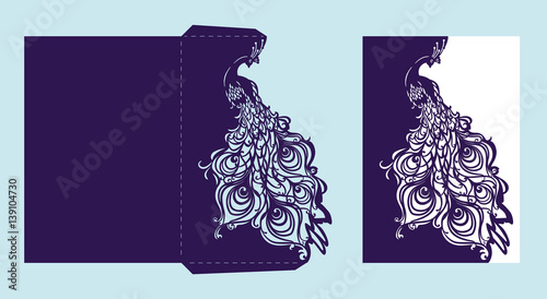 Wedding invitation or greeting card with peacock.