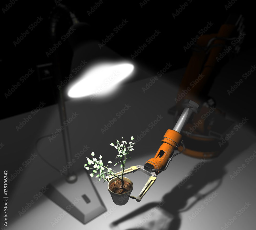 3d three-dimensional robot holds the plant under the light 3d three-dimensional robot holds the plant under the light