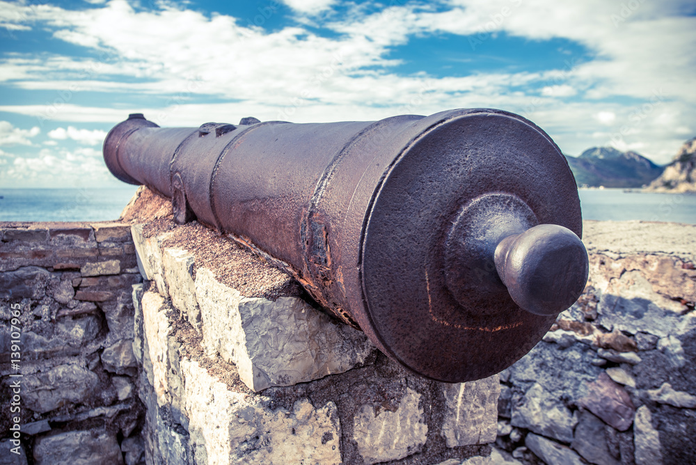 old cannon on the ramparts of Petrovac in Montenegro 