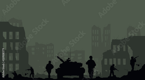 Illustration of the tank, the soldiers and the destruction of the city.