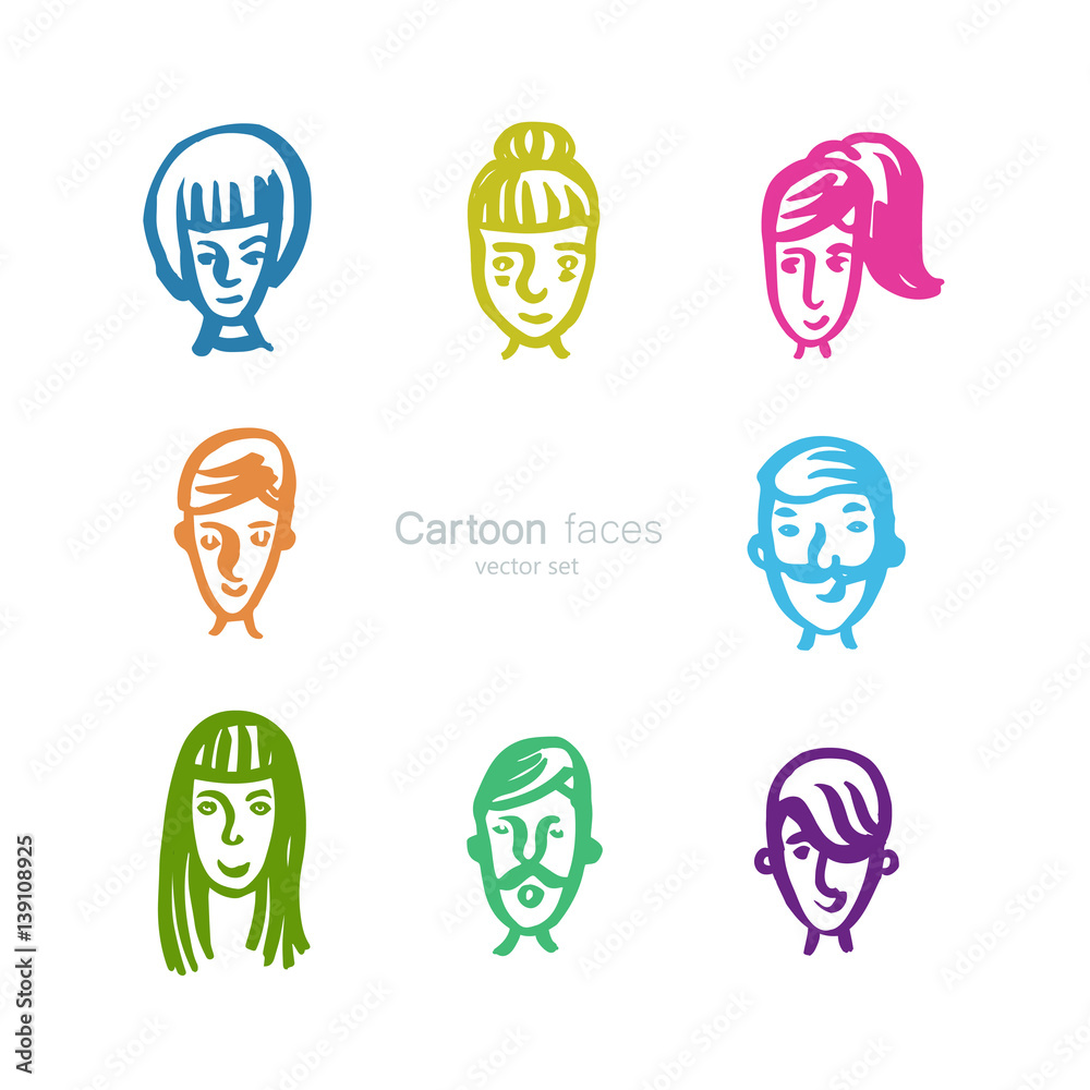Hand-drawn set of cartoon faces in brush style - doodle collection of colorful avatars. Hand-drawn set of cartoon faces in brush style - doodle collection of colorful avatars.