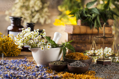 Herbs, berries and flowers with mortar, on wooden table background