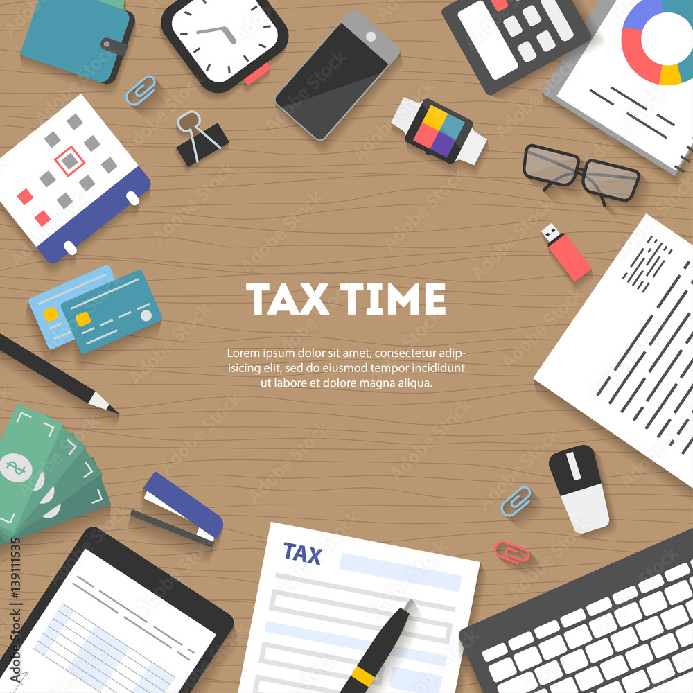 Banner icon set arranged in circle, flat design. Payment of tax. State taxes, analysis of financial data, statistics, calculation of tax return top view. Objects workplace and devices for web, vector