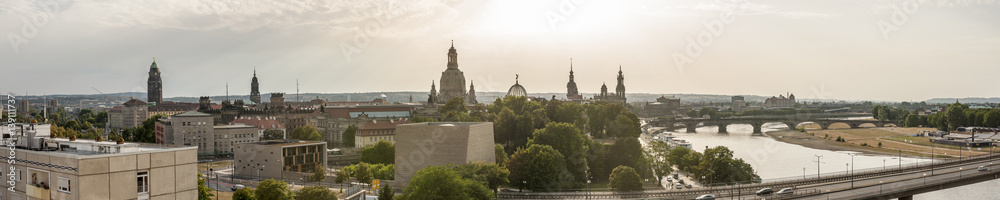 Panorama of Dresden skyline, on sunset with backlit