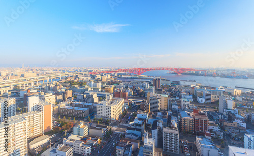 Bird eye view of Osaka bay from Tempozan ferris wheel, Japan