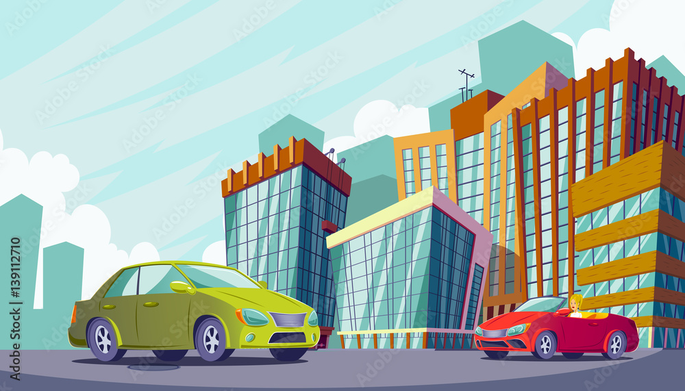 Vector cartoon illustration of an urban landscape with large modern buildings and cars.