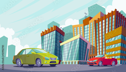 Vector cartoon illustration of an urban landscape with large modern buildings and cars. © vectorpocket