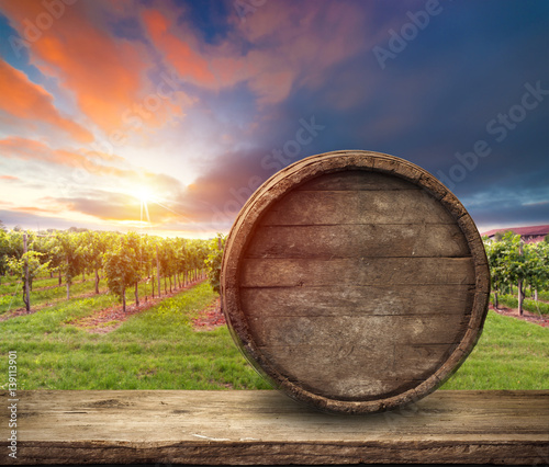 Red wine with barrel on vineyard in green Tuscany  Italy