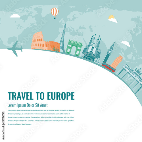 Travel composition with famous Europe landmarks. Vector
