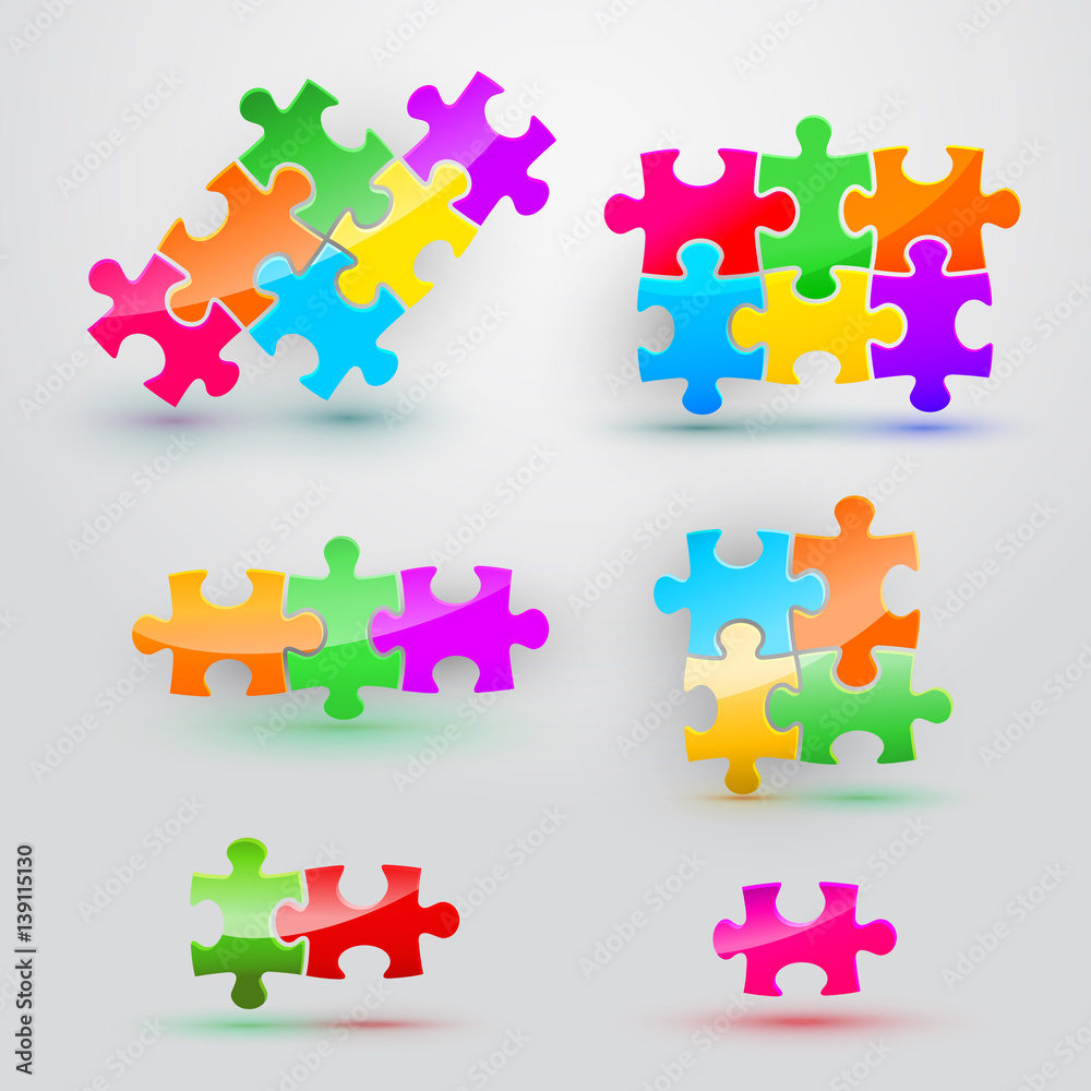 Set of puzzles on white background in colored colors. Set of puzzles on white background in colored colors.