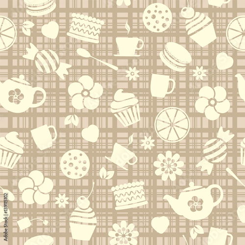 vector seamless tea pattern with sweet food