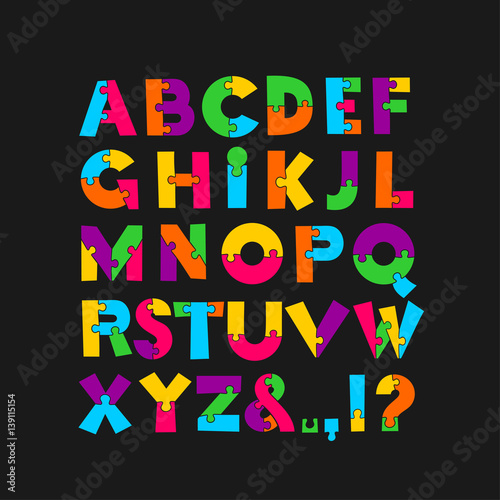 Puzzle font. Vector illustration creative font. Isolated on gray background.