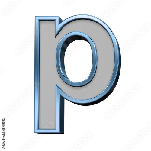 One lower case letter from gray with blue frame alphabet set, isolated on white. 3D illustration.