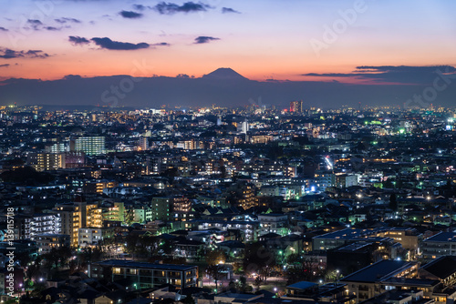 Fuji at dusk and night view of Tokyo -                                           