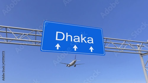 Commercial airplane arriving to Dhaka airport. Travelling to Bangladesh conceptual 4K animation photo