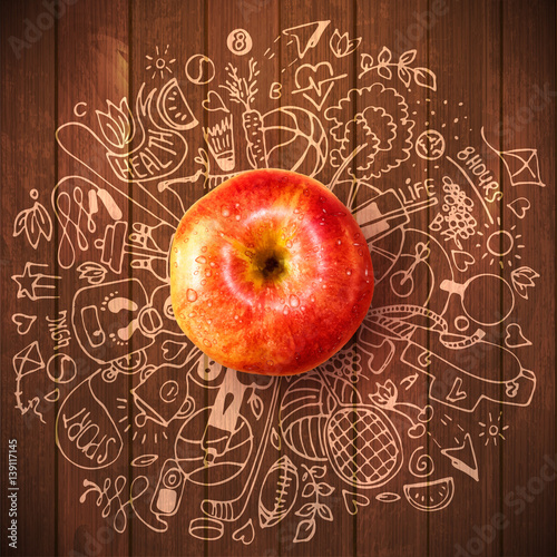 Healthy lifestyle concept with apple and doodles