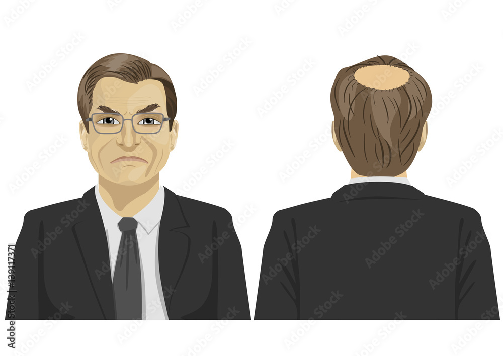 front and back view of sad mature businessman with bald problem front and back view of sad mature businessman with bald problem