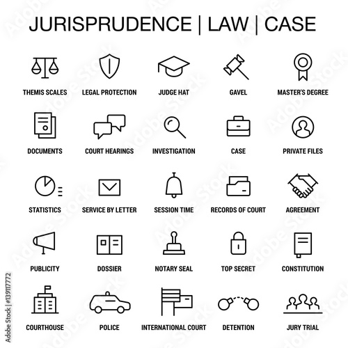Jurisprudence. Law. Case. Icons set. Thin lines. Black on white.