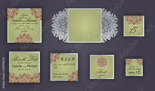 Vintage wedding invitation design set include Invitation card  Save the date  RSVP card  Thank you card  Table number  Place cards  Paper lace envelope. Wedding invitation mock-up for laser cutting