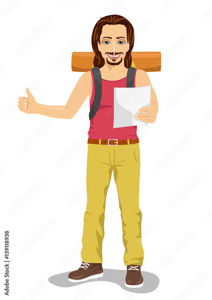 Hitchhiking man with backpack holding map Hitchhiking man with backpack holding map