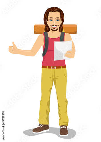 Hitchhiking man with backpack holding map