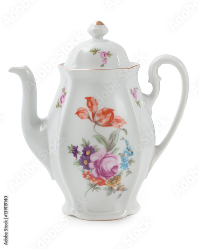 Vintage, old style rich decorated by flower decors white coffee pot, isolated on a white background.