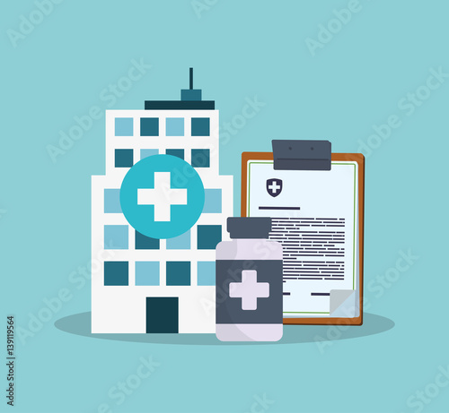 hospital bulding clipboard bottle medicine vector illustration eps 10
