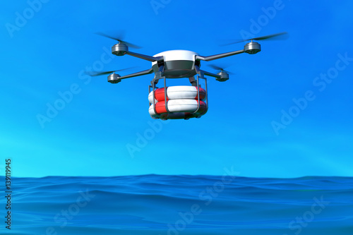 Fototapeta Naklejka Na Ścianę i Meble -  Rescue drone with lifebuoy flying over the ocean. 3D illustration