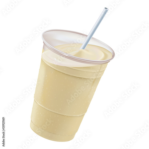 Banana smoothie/milkshake  or frapachino inside a clear plastic container covered with beads of cold condensation tilted to the right