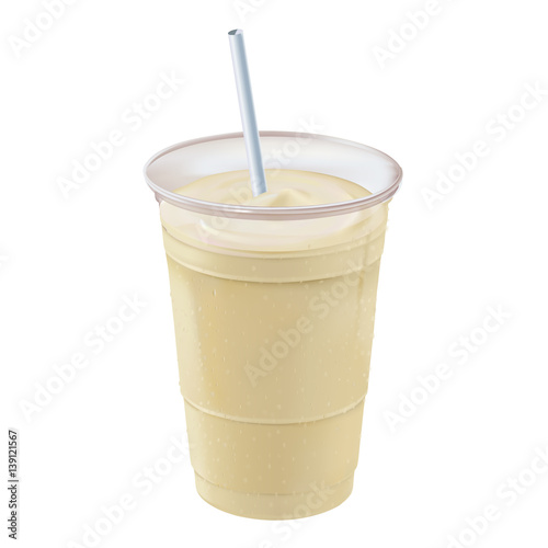 Banana smoothie/milkshake positioned straight up and down with straw inside a clear plastic container covered with beads of cold condensation.