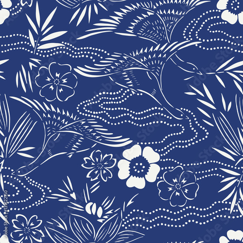 Japanese seamless vector pattern of birds and water. Traditional vintage fabric print. White and blue background. 